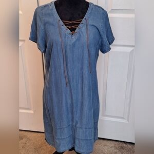 Bluet Chambray Mini Dress With Leather Strings    Size 12